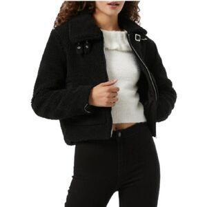 Miss Selfridge Black Teddy Biker Jacket Womens Size 6